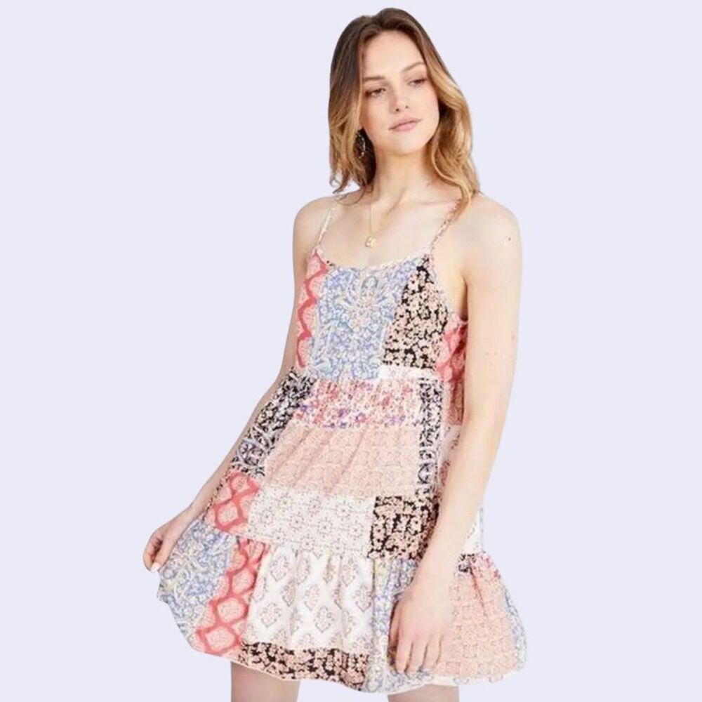 Altar'd State NWOT Tiered Mini Dress - Cream Black Pink, XS
